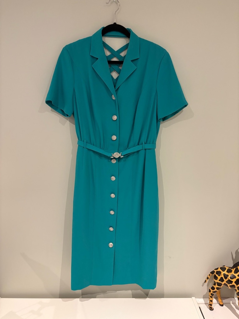 Vintage 1980s Together Teal Midi Button-Front Dress with Waist Belt